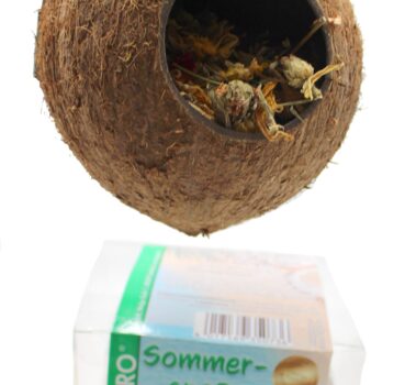 Die Kokosnuss zum Hinhängen oder Hinlegen ist mit HUGRO Blütenmischung gefüllt. Die Kokosnuss zum Hinhängen oder Hinlegen ist mit HUGRO Blütenmischung gefüllt.