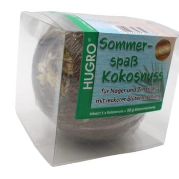 Die Kokosnuss zum Hinhängen oder Hinlegen ist mit HUGRO Blütenmischung gefüllt.